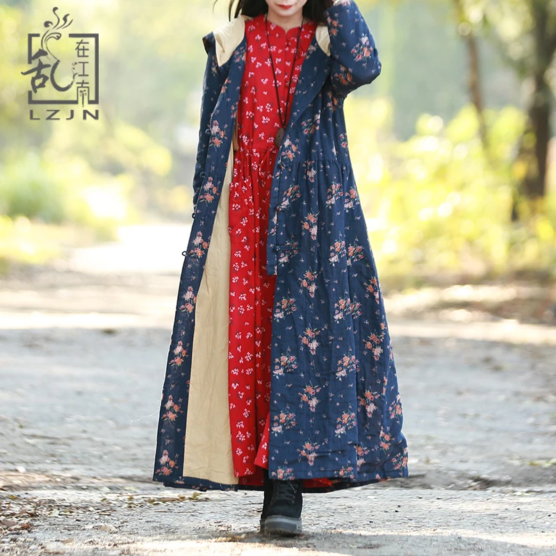 

LZJN 2019 Autumn Hooded Jacket Women Long Trenchcoat Blue Floral Print Ladies Windbreaker Single Breasted Duster Coat Pocket