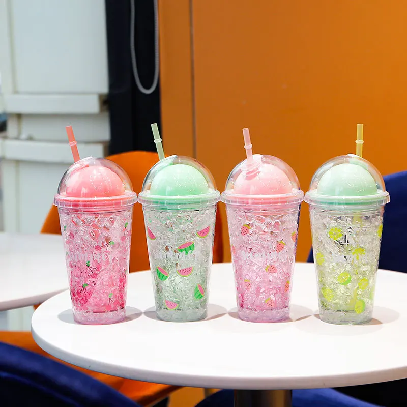 

450ml Modern water bottle Fashion double straw ice cup Creative fruit sippy cup kawaii water bottle cute bottle