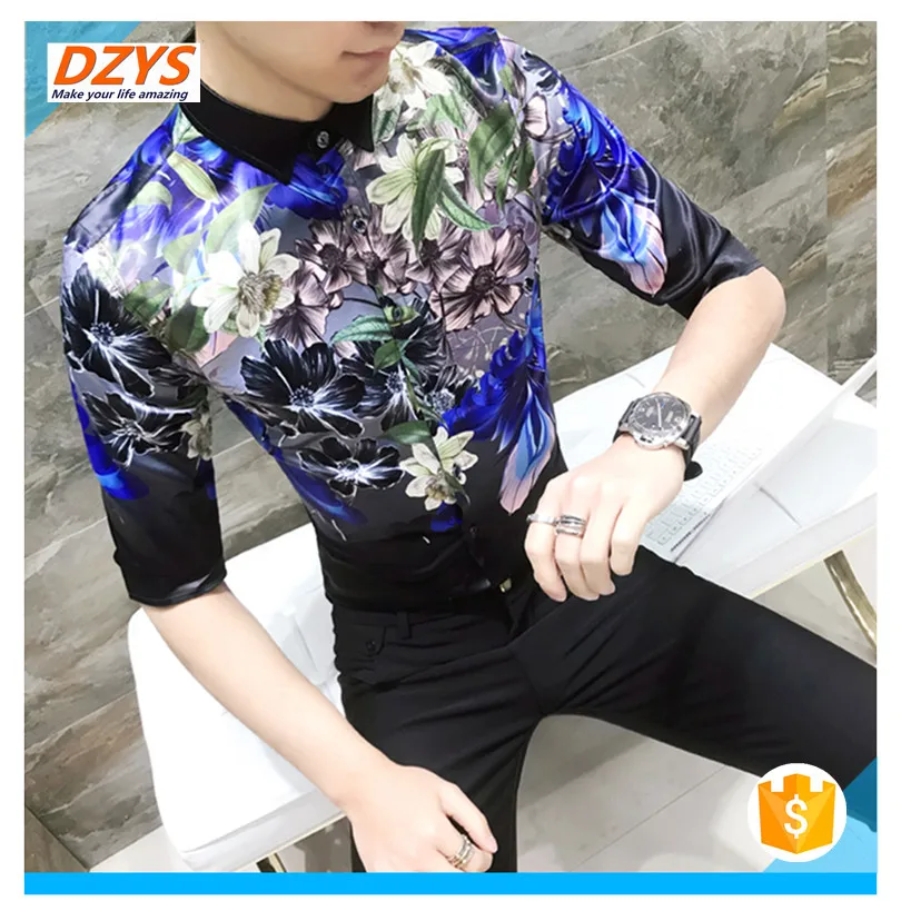 2018 men's Summer dress trend Youth Night shop short sleeve thin floral shirt07