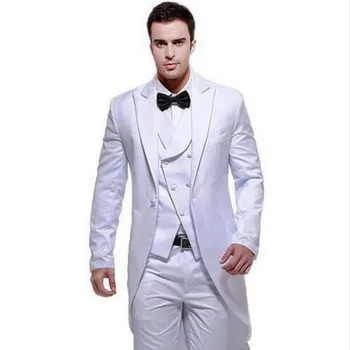 

White Wedding Tailcoats High Quality Groomsmen Tuxedos Custom Made Three Pieces Peaked Lapel Men Suit (Jacket+Pant+Vest+Tie)