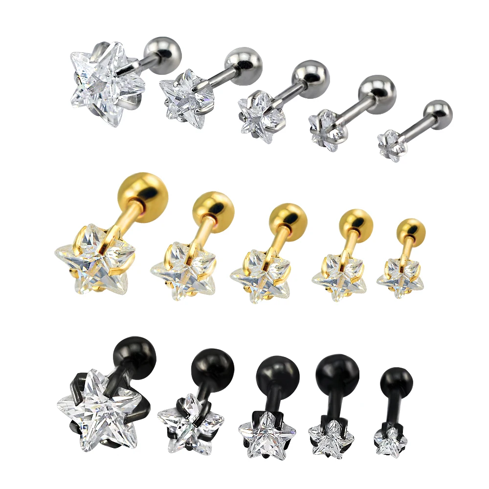 

16g Stud Earrings Cubic Zirconia Star Earring For Women 3 Colors Gold Black Steel High Quality Earings Fashion Jewelry 3mm-8mm