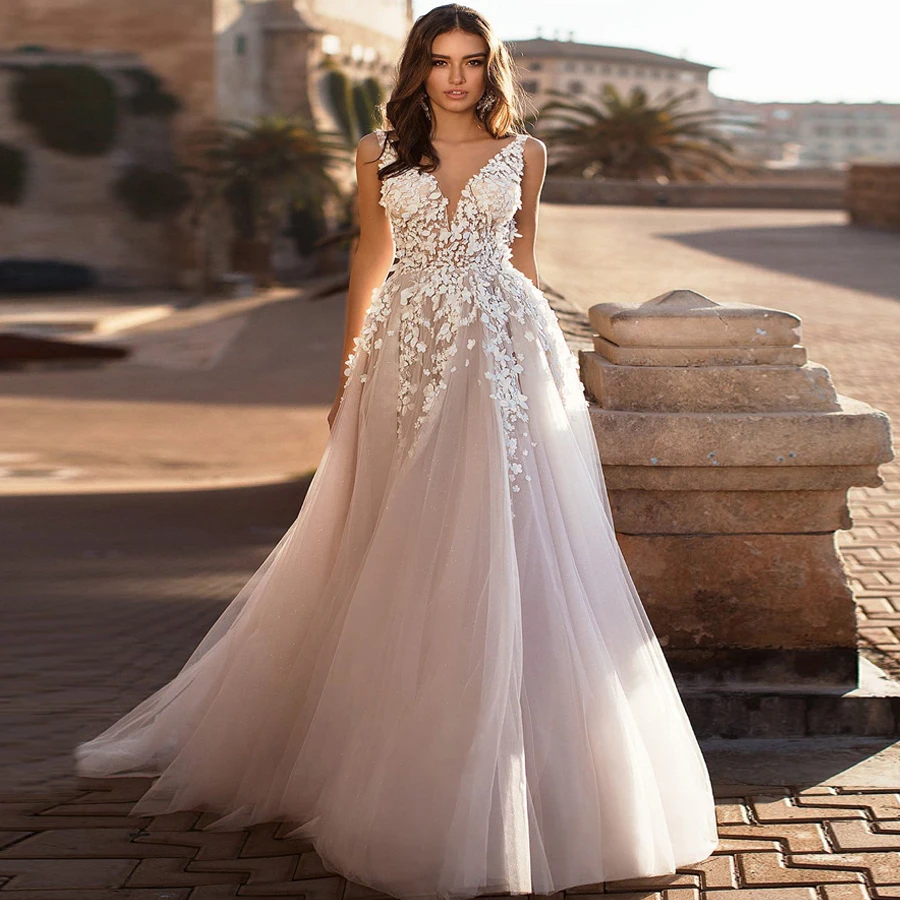 Weilinsha A-Line кружевное свадебное платье 2019 Robe De Mariage vestido de noiva с v-образным вырезом и открытой спиной цвета шампанского свадебное платье es