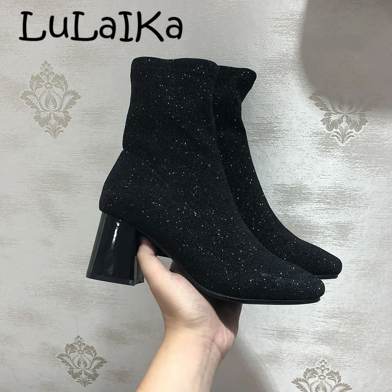 

2018 New Winter Woman Shoes High Heels Genuine Leather Wool Fur Inside Warm Ankle Boots Lady Sexy Shiny Starry Sky High Heels