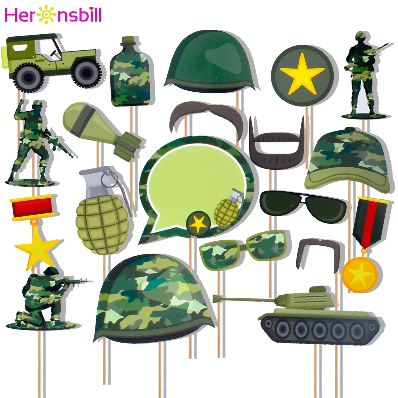 

20pcs Camo Army Military Photo Booth Props 30 40 50 60 70 Happy Birthday Party Decorations Kids Adult 30th 40th 50th 60th Years