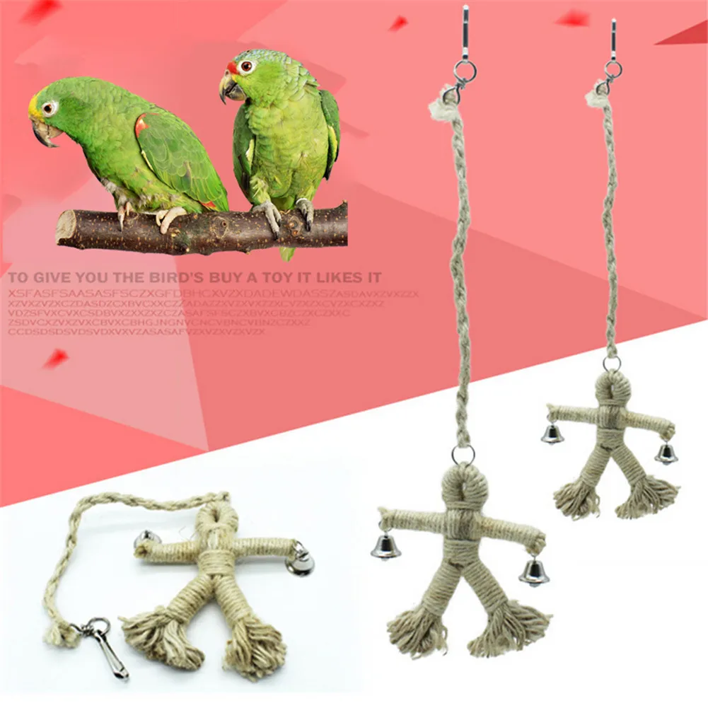 

Rope Hang Rope Bird Playing Supplies Sling Bird Toy Human Design Parrots Chew Toy with 2 Bell Swing Cockatiel Parakeet Birds Toy