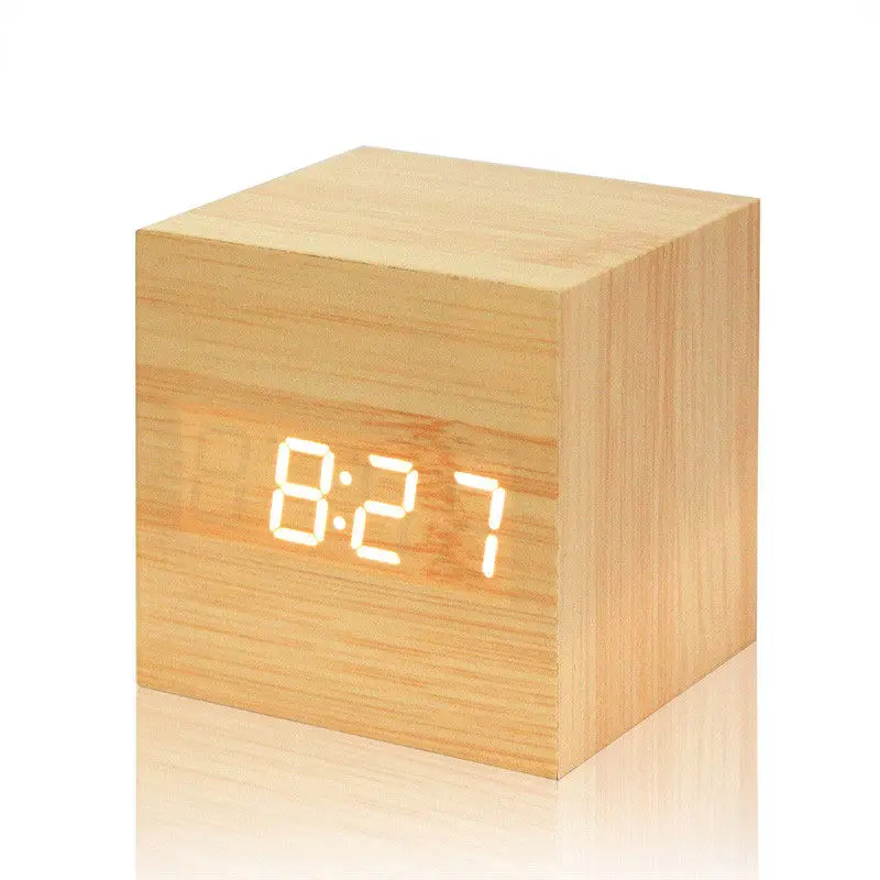 

LED Digital Alarm Clock Square Modern Wood Thermometer Display Desk Table Clock