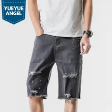 Мужские повседневные джинсовые шорты, корейская мода, уличная одежда, винтажные потертые рваные брюки, летние тонкие прямые джинсы для мужчин размера плюс