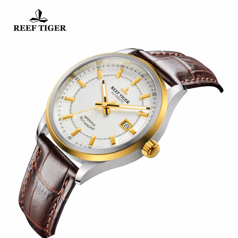 Риф Тигр/RT платье бизнес часы для мужчин Miyota 9015 супер светящиеся часы с датой сталь желтое золото часы RGA8015