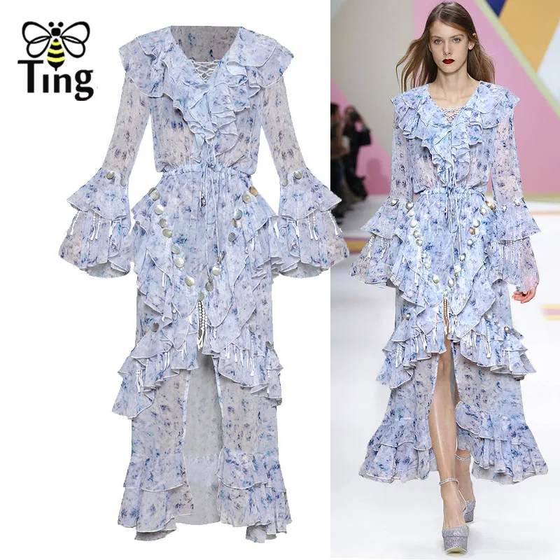 

Tingfly New Season Runway Designer Lace Up V neck Ruffles Maxi Dress Party Night Dresses Luxury Style Floral Tassel Long Vestido