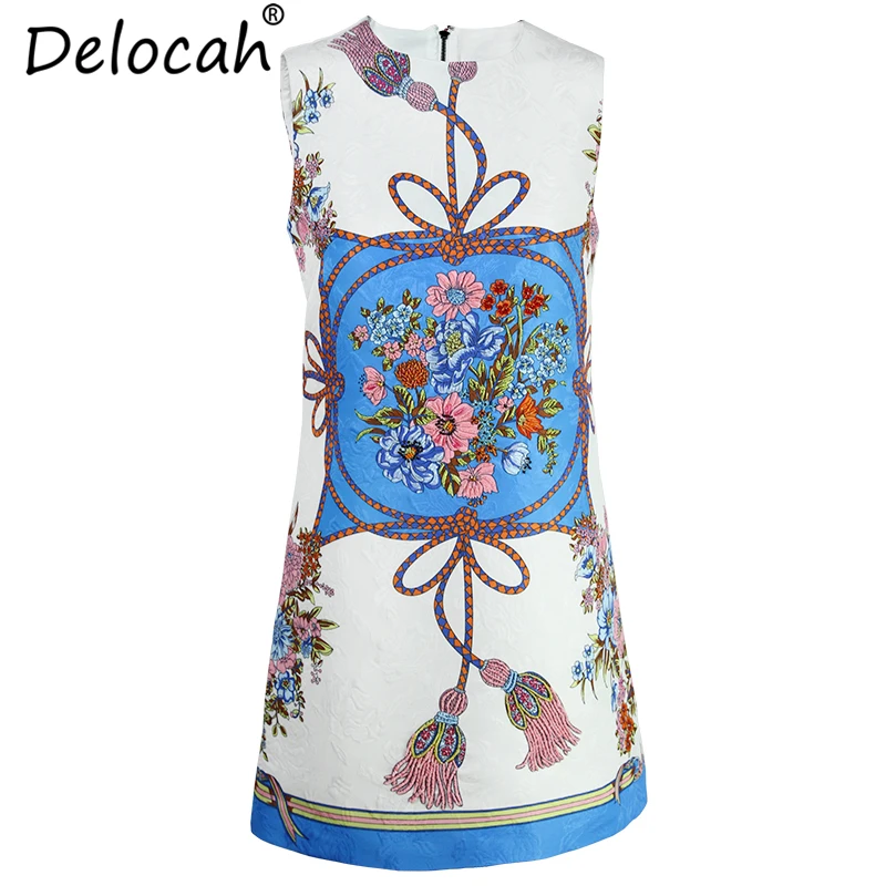 

Delocah New 2019 Women Spring Summer Vintage Dress Runway Fashion Designer Crystal Beading Floral Printed Elegant Vacation Dress