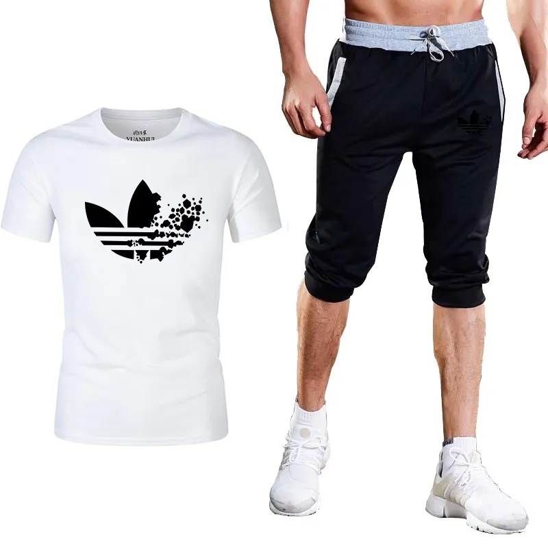 Летние классические бренд Для мужчин наборы футболки + Шорты комплекты из двух предметов Повседневное спортивный костюм мужской 2019
