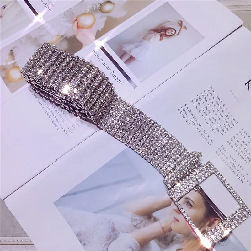

Fashion Luxury Women's Rhinestone Belt Bright Female Wide Bling Crystal Diamond Waist Chain Belt Rhinestones