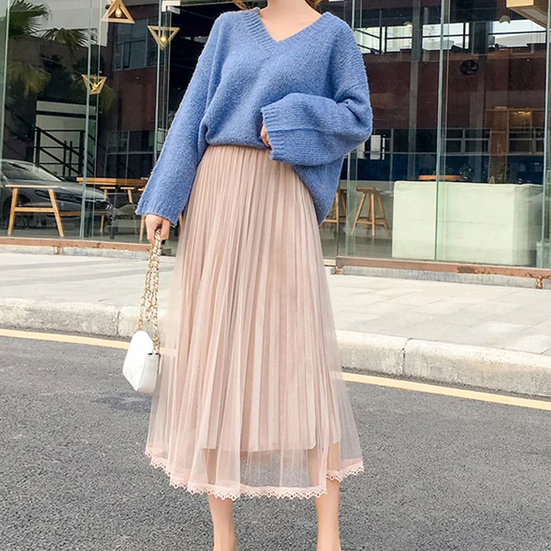 

solid A-line mesh skirts high waist female casual long pleated skirts 2XL 3XL large size 2019 autumn mid-calf length skirts