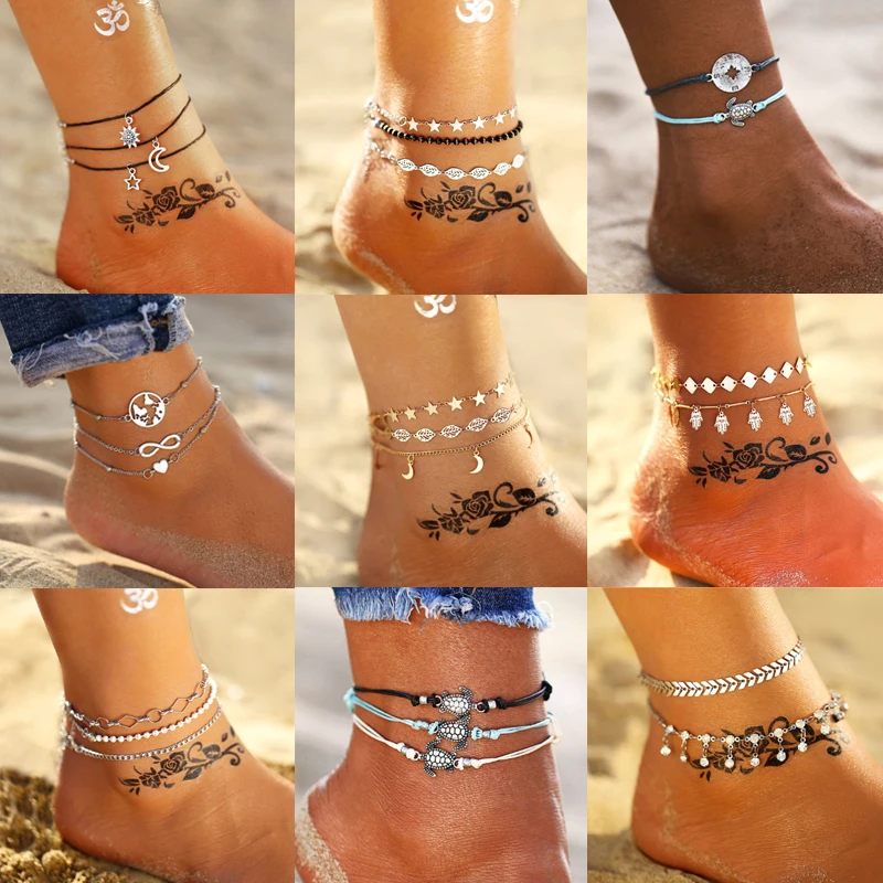 

17KM Fashion Bohemian DIY Sliver Anklet Set For Women New Gold Leaves Map Anklets 2019 Bracelet On Leg Barefoot Foot Jewelry