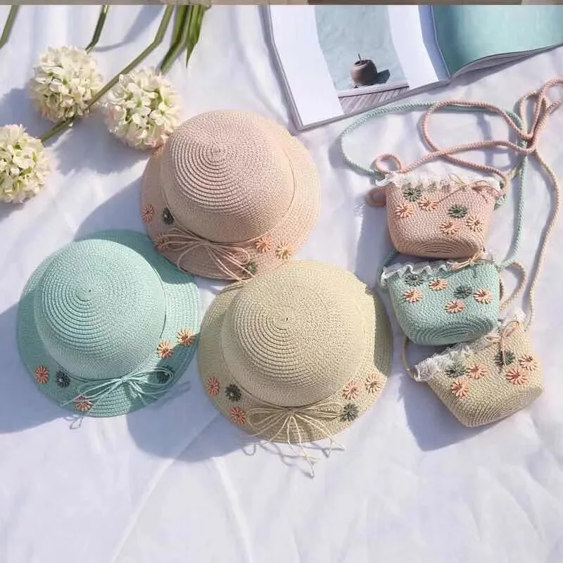 

Mommy and me Fashion Small Fresh Child Straw Hat Baby Sun Hat Girl Summer Cap beach Visor Hat Straw Bag Two-Piece Set HT19025