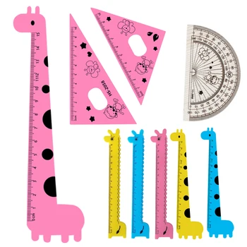 

FangNymph Cute Cartoon Giraffe Pattern Student Set Ruler Student Kids Drafting Stencil Ruler Stationery 4PCS Pink Style Random