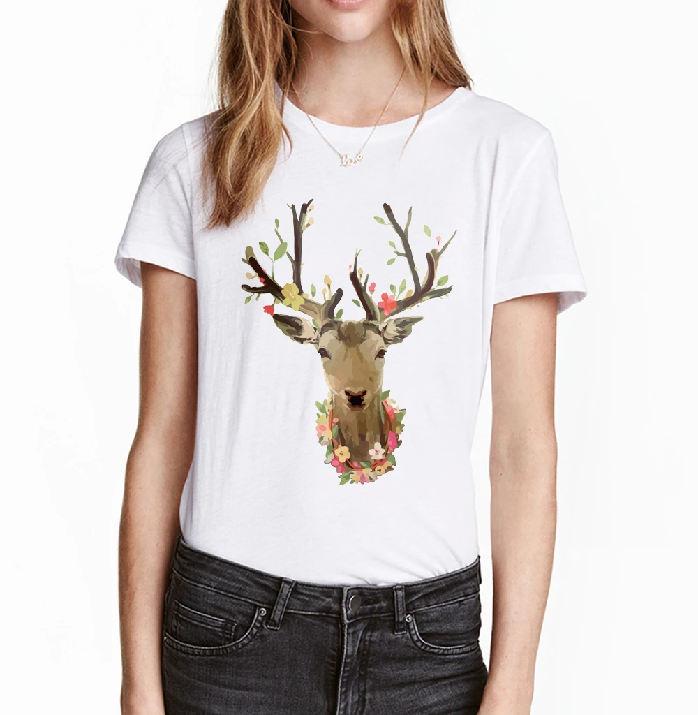 

Deer Printed Women T Shirt 2019 Summer Casual T-Shirt Short Sleeve Shirt Kawaii Tops O-Neck Deer Head Print Tshirt For Ladies