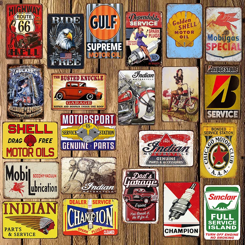 

[ Mike86 ] SHELL Champion Indian Mobil Route 66 Motor Oil Tin SIGN Dad Garage decor Tire Poster old Metal Painting FG-213