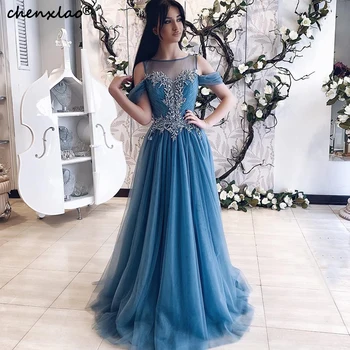 

Blue Evening Dresses Tulle A-Line Jewel Neck Off The Shoulder Long Evening Dress Formal Party Dresses Vestido De Festa Longo
