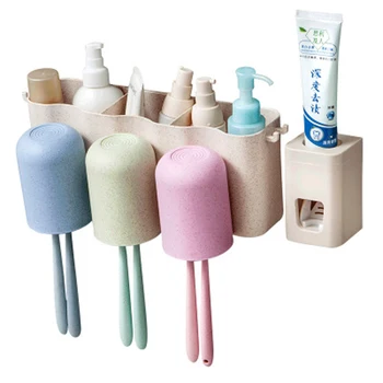 

Bathroom Fiber PP Toothbrush Cup Holder Hanger Cosmetic Organizer Kit Shelf Storage Trays Toothpaste Squeezer Set Sucker Shelves