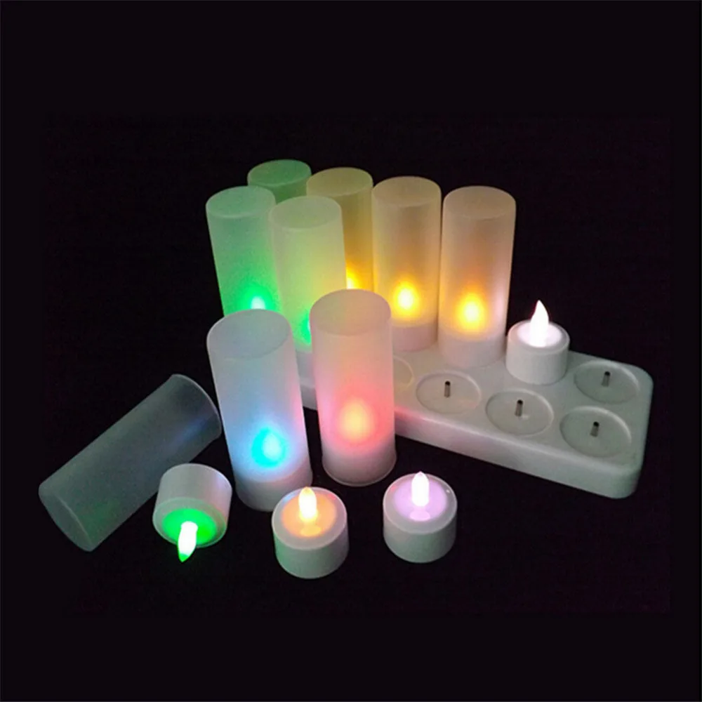 Image Rechargeable RGB LED Candle Colorful Flameless Tealight Candle Lamp with Remote Controller Home Decoration Party 12PCS SET