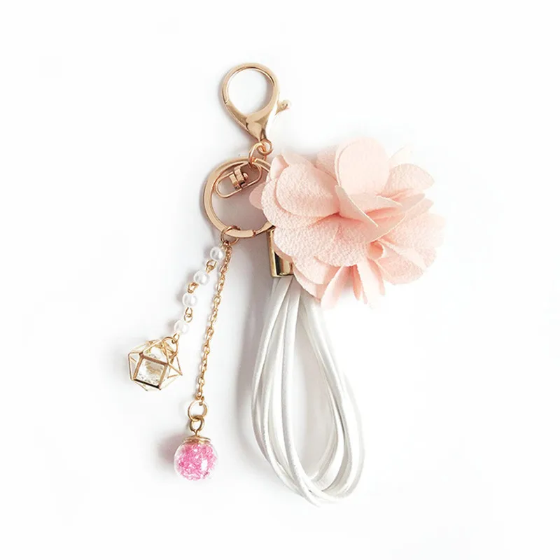 

New fashion tassel pink flower pearl bags pendant key holder car key chains jewelry accessories keychain charm flower keyring