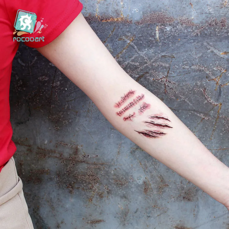 

Rocooart Fashion 2019 Temporary Tattoo Sticker Halloween Terror Wound Realistic Blood Injury Scar Tattoo Sticker