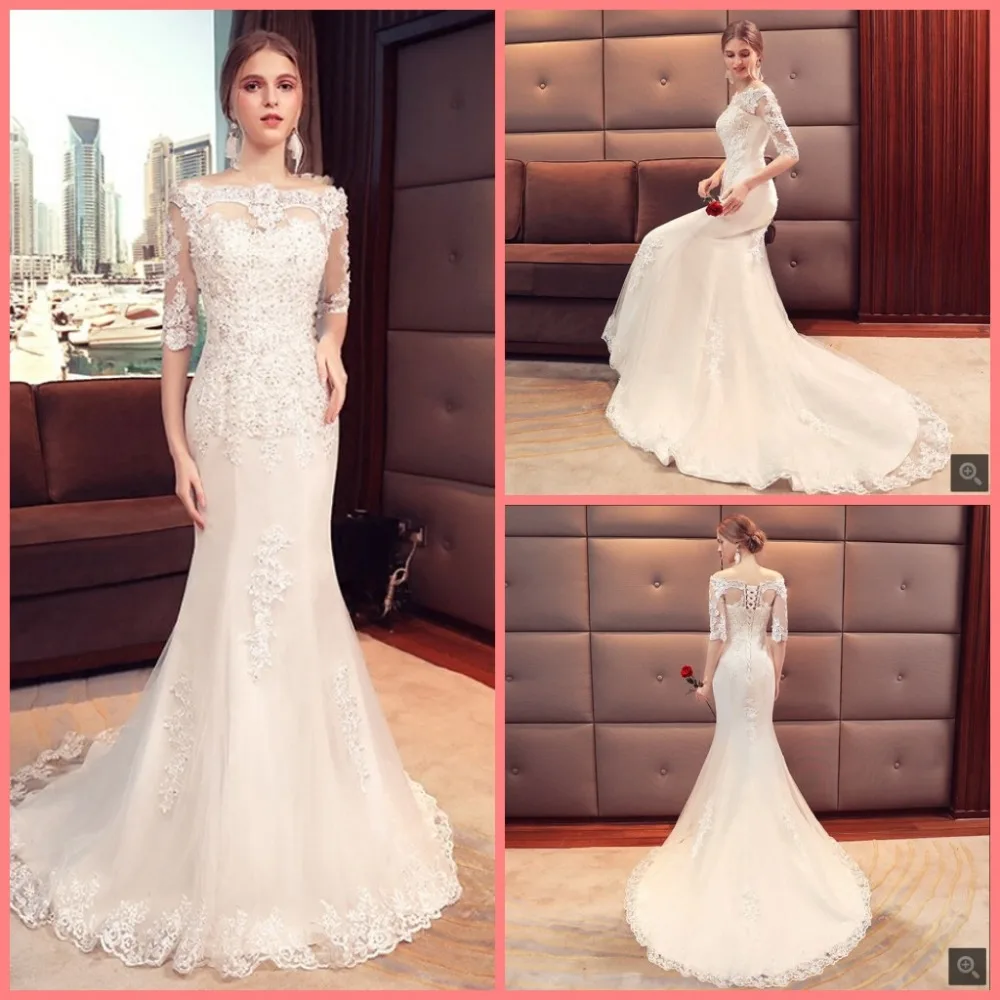 

Robe de mariage mermaid white lace appliques wedding dress half sleeve off the shoulder sexy fashion bride dress hot sale 2019