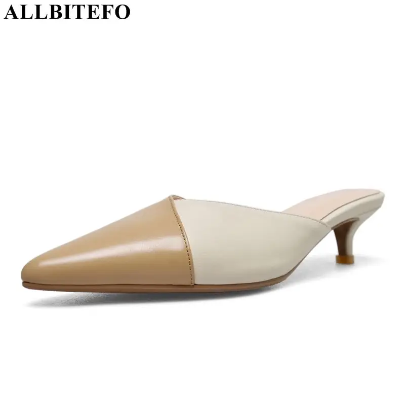 

ALLBITEFO high quality genuine leather pointed toe women high heel shoes mixed colors party women shoes summer women slipper