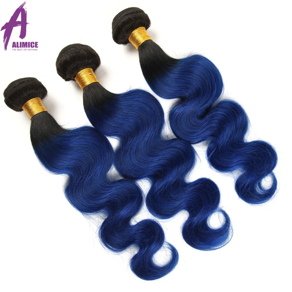 Alimice Ombre Bundles With Closure T1BBlue Colored Two Tone Human Hair Brazilian Body Wave Hair 3 Bundles With Closure 4PcsLot (13)