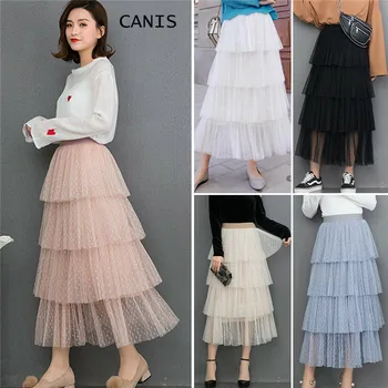 

2019 Women Pleated Tulle Dot A Line High Waist Casual and Loose Solid Pleated Summer Tutu Ball Gown Ultrathin Long Skirts