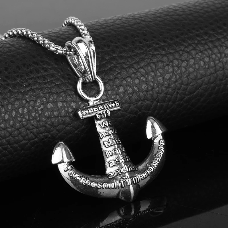 

HEYu New Fashion Hip Hop Stainless Steel Titanium Hope HEBREWS Anchor Pendants Necklaces for Men Religious Jewelry