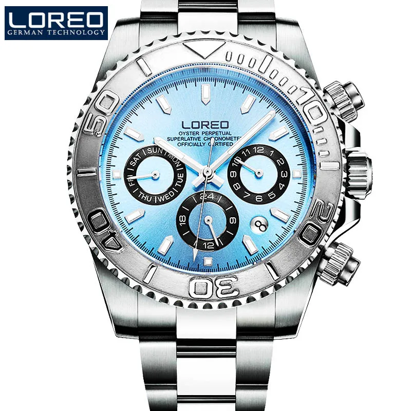 Механические Мужские часы LOREO, 200 м., для дайвинга, 316L, ремешок из нержавеющей стали, мужские деловые часы с чайкой, автоматические, самозаводные часы, мужские часы - Цвет: Silver Light blue