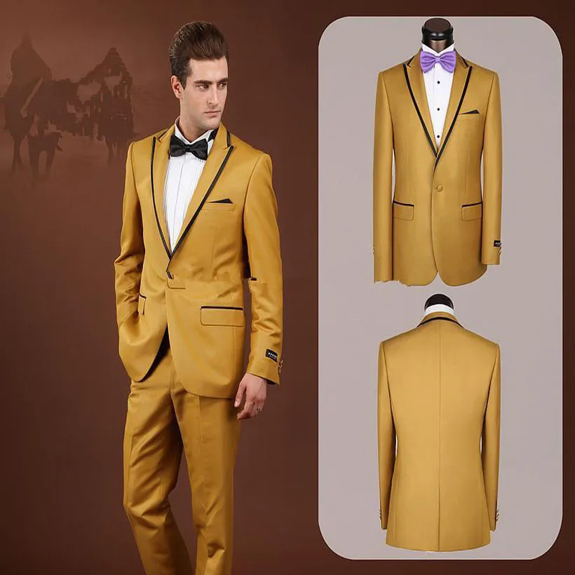 2017 Gold Western Style Men Suits Brand Designer Wool Blend Wedding Suits Black Lapel Line Tuxedo Suits For Business