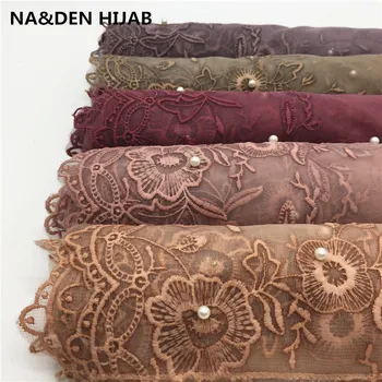 

1PCS solid plain pearls viscose two side France lace elegant long women scarf fashion shawls muslim hijab wraps bandana hot sale