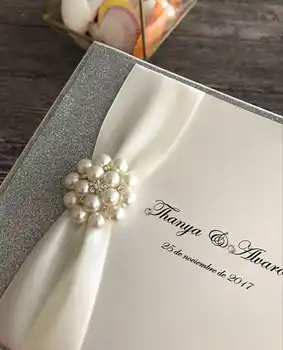 Luxury Silver Wedding Invitations with Antique White Ribbon and Crystal Embellishment