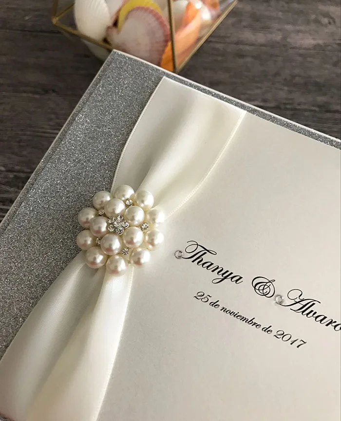 Luxury Silver Wedding Invitations with Antique White Ribbon and Crystal Embellishment - 32779040632