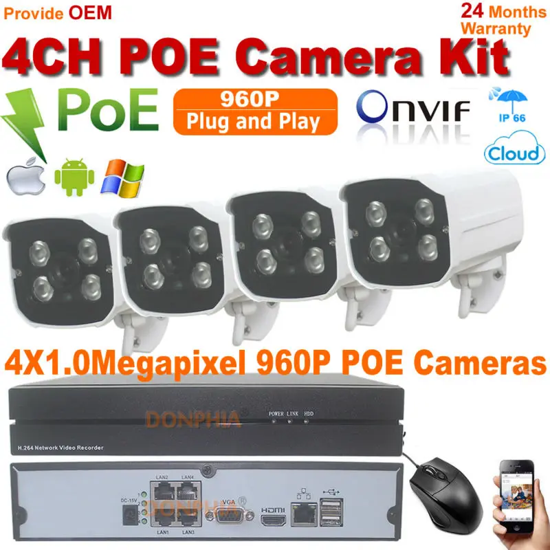 Home security system 4CH Video recorder POE NVR Kit 960P Outdoor ir night Onvif POE IP Camera and 4ch HDMI NVR surveillance Kit