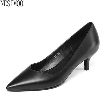 

NESIMOO 2018 Women Pumps Thin HeelFashion Slip on Solid Black Genuine Leather + Pu Pointed Toe Platform OL Pumps Size 34-39