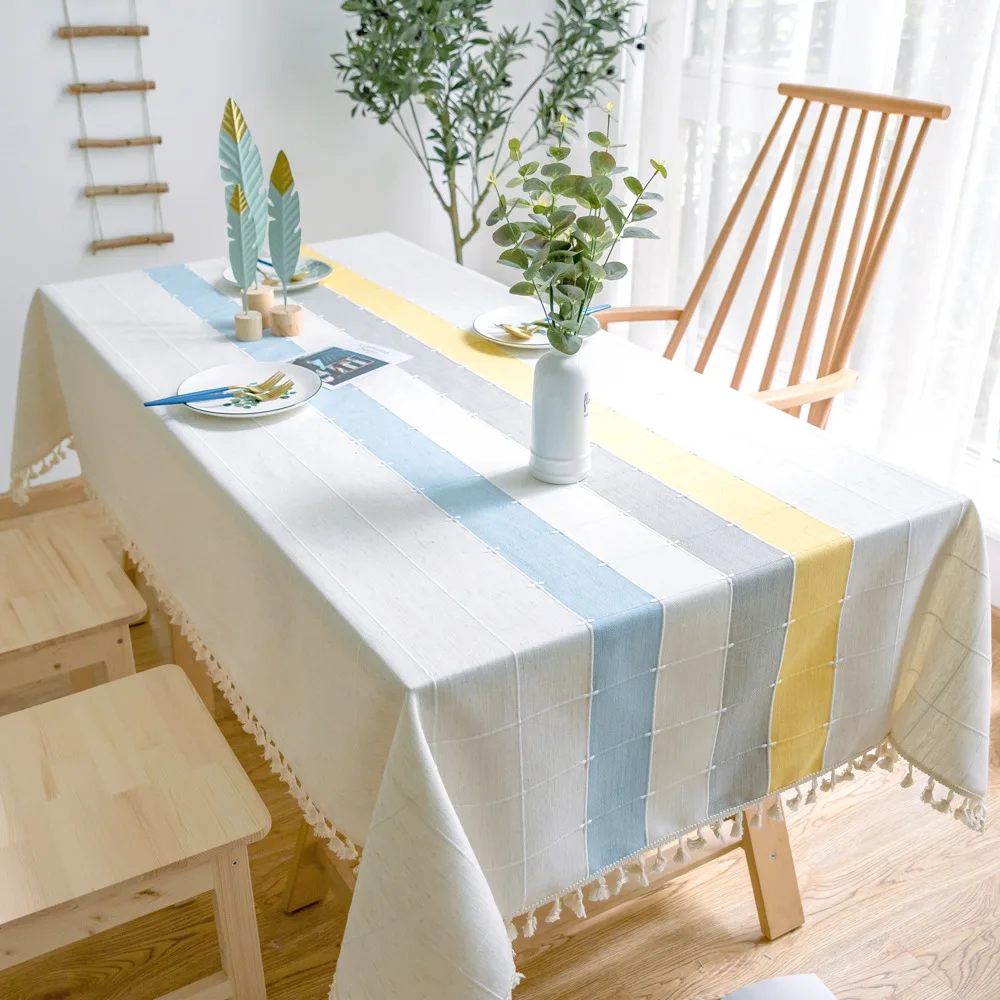 Modern Simple Christmas Tablecloth Yellow Plaid Woven Striped Stitching Table Cloth Lace Pendant De