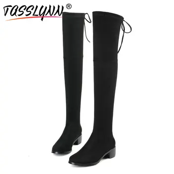 

TASSLYNN 2018 Women Boots Med Heels Round Toe Over The Knee Boots Winter Long Boots Square Heels Pointed Toe Women Shoes 34-43