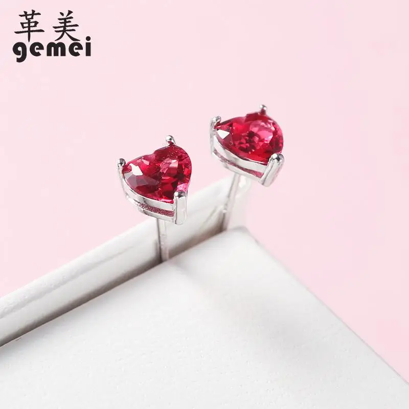 Gemei стерлингового серебра 925 Красный фианит сердце серьги гвоздики для женщин минимализм модные вечерние ювелирные изделия
