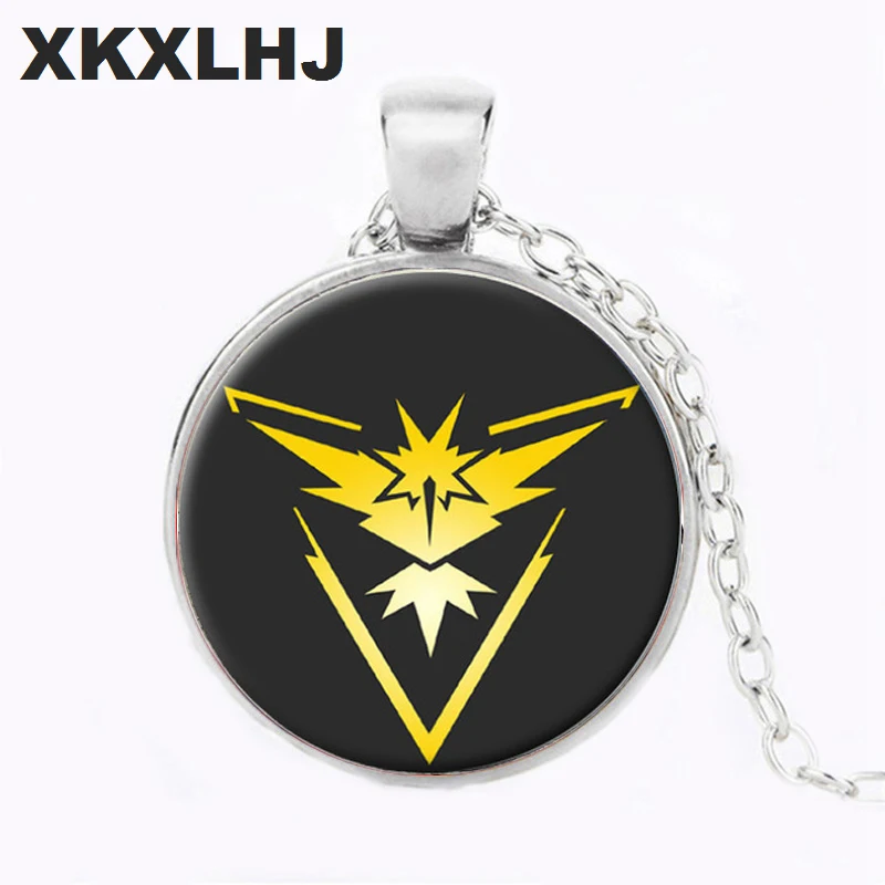 

XKXLHJ Pokemon Bird Glass Cabochon Pendant Necklace Instinct Mystic Camp Logo Silver/Bronze/Black Long Chain Choker Anime Gifts