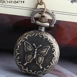 Бабочка небольшой ретро карманные часы новый изысканный дизайн бронза простой кварцевые часы для красивых женщин Леди ожерелье длинная