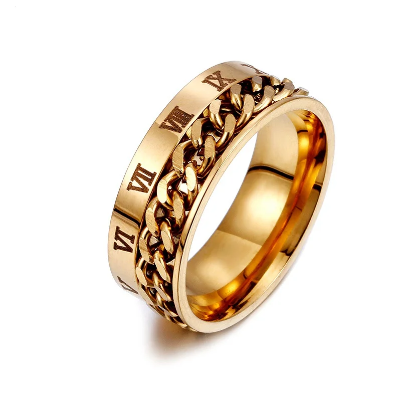 Мужская 8 мм рок кольцо из нержавеющей стали вращающаяся цепь кольцо Римский цифровой браслет серебро золото черный мужские ювелирные изделия Anel Aneis - Цвет основного камня: Золотой