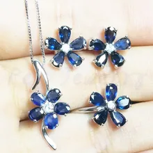 Сапфировый ювелирный набор, натуральный настоящий сапфир, серебро 925 пробы, 1 пара серег-гвоздики, 1 шт. кулон, 1 шт. кольцо, 0.3ct* 20pcs драгоценные камни