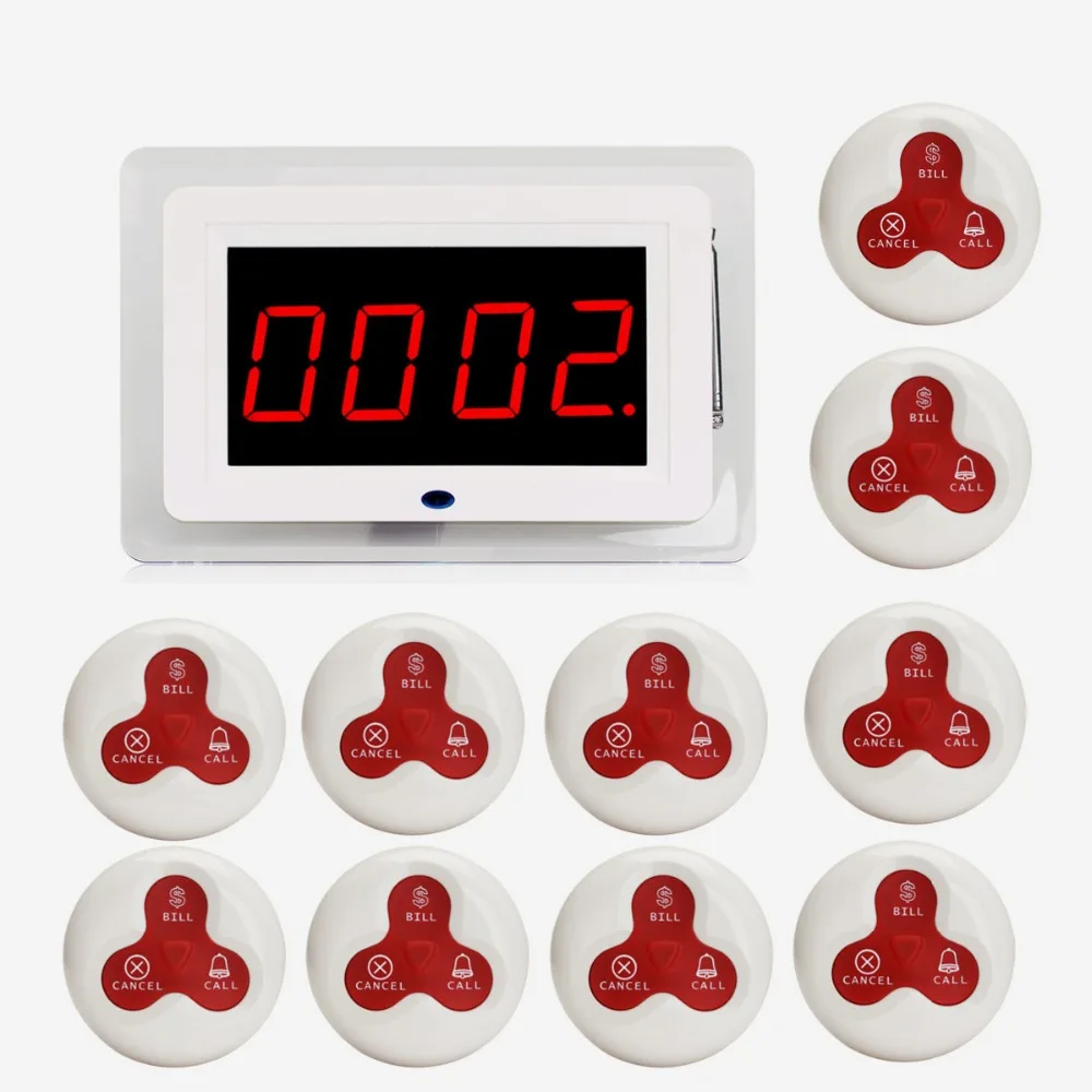 

433MHz Wireless Waiter Nurse Calling Pager System Receiver Host Voice Broadcast+10pcs Call Transmitter Button Restaurant F3259B