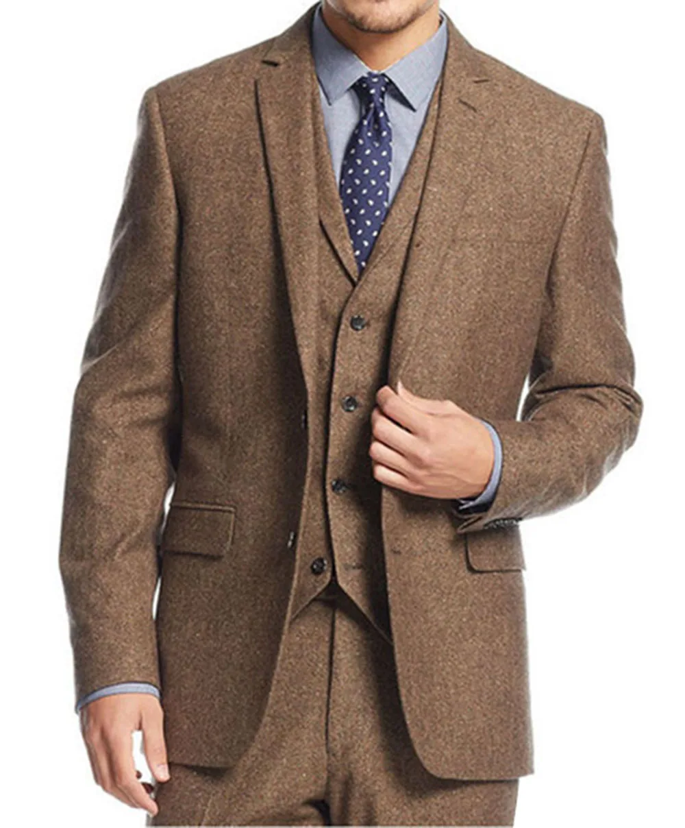 

New Brown Tweed 3 Pieces Men Suits Fashion Formal Business Men Suit Set Custom Prom Groom Wedding Dress (Blazer+Vest+Pants)