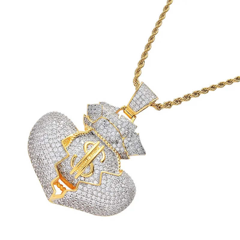 Iced Out кошелек разбитое сердце кулон ожерелья для мужчин женщин микро проложить