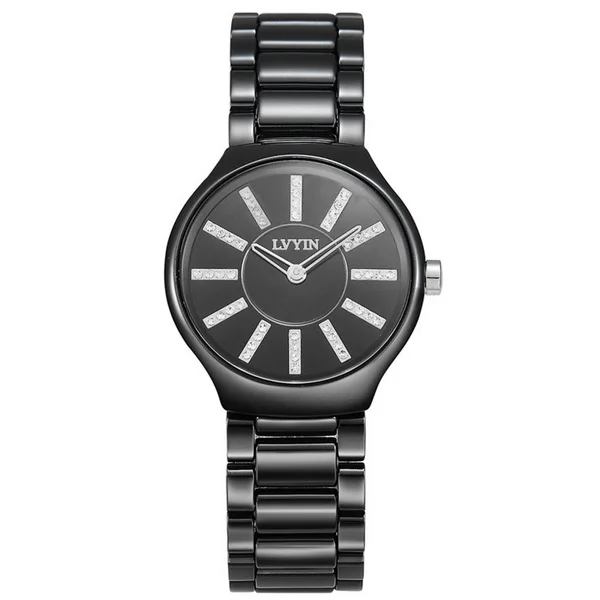 LVYIN керамические парные часы, брендовые роскошные черные часы для влюбленных женщин и мужчин, Relojes Hombre с коробкой, кварцевые часы с календарем, нарядные часы 6825, черные - Цвет: Black Silver Woven